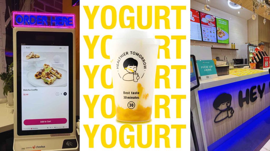 
 “Signature Hey Yogurt Flushing fruit yogurt blends in cups.”