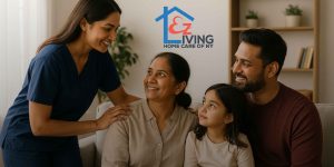Care coordinator smiling with a Queens Desi family receiving OPWDD support from EZ Living Home Care