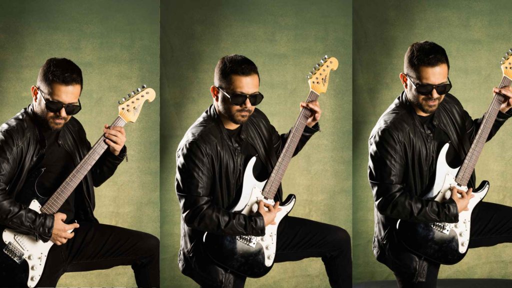Three photos of Rafi Alam playing electric guitar
