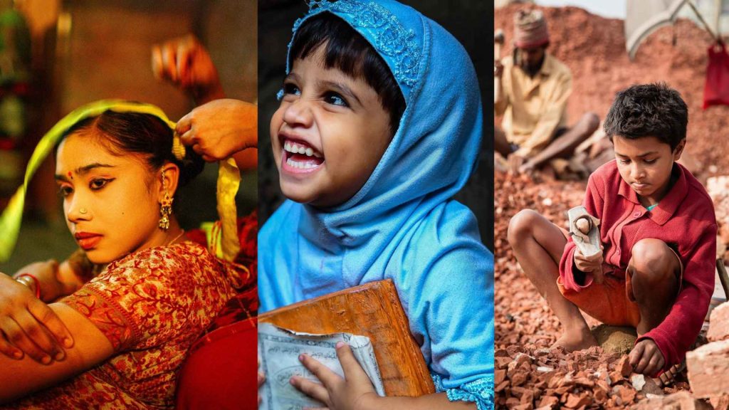A split visual showing GMB Akash at work in the field alongside a collage of his most iconic, colorful, and emotional portraits of daily life in Bangladesh.
