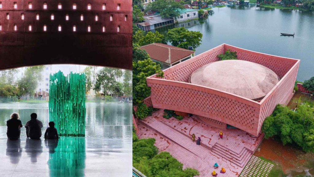 Pink concrete mosque architecture in Ashulia.