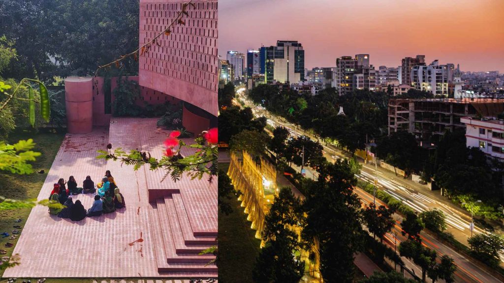 Women gathering together and Dhaka city night view.