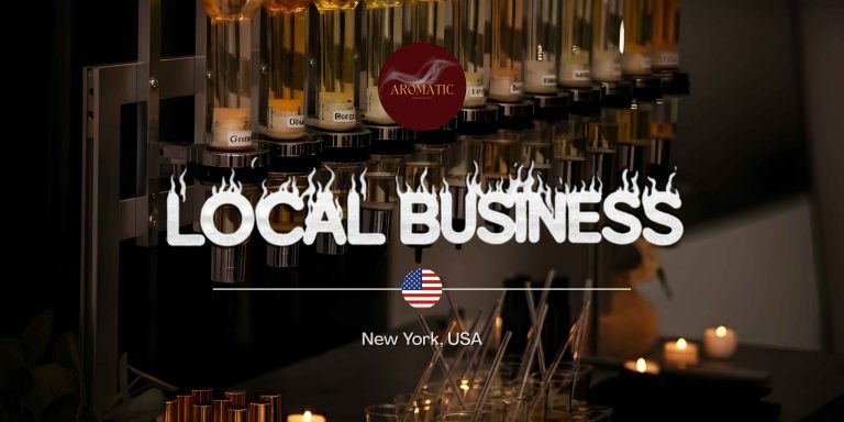 Aromatic Memories NY logo and 'LOCAL BUSINESS' text with fire effect, highlighting their custom perfume experiences in New York, USA.
