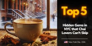 A steaming, aromatic cup of masala chai resting on a rustic wooden table near a frosted window, overlooking a cozy New York City street in winter the ultimate NYC for Chai Lovers experience.