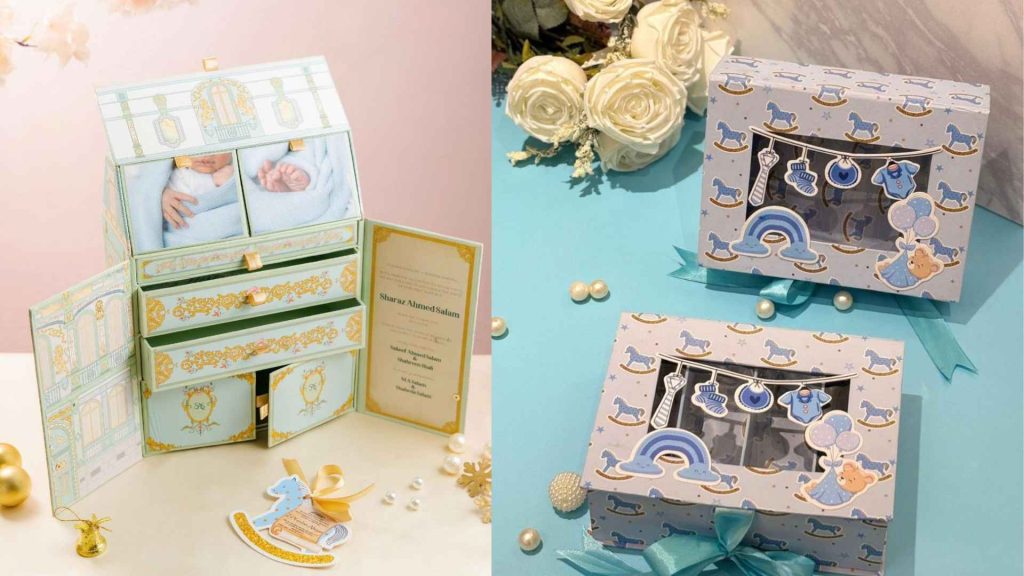 Premium baby announcement drawer box with custom photos by The Paper Boutique, offering the best wedding stationery in Dhaka.