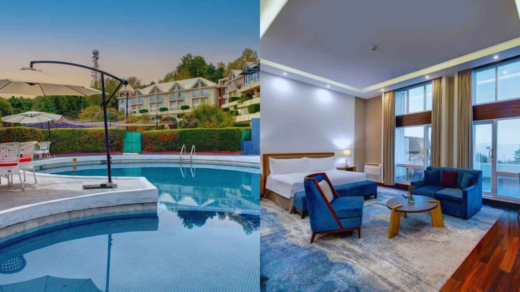 A sunset rooftop infinity pool and high-altitude luxury suite at PC Bhurban, a leader among top staycation spots in Pakistan.
