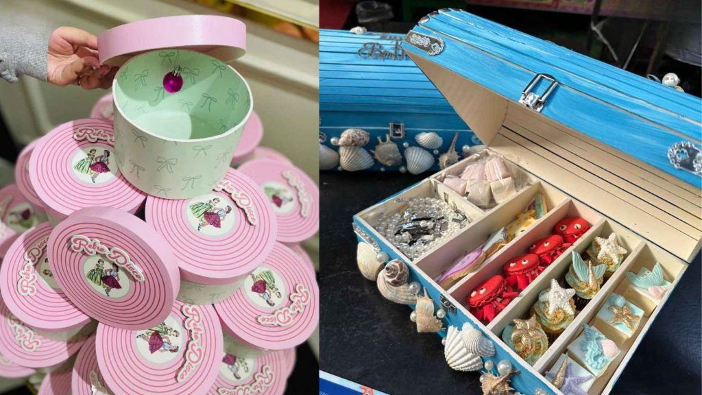 Retro disco and ocean-themed gift boxes crafted by The Paper Boutique, a top name for the best wedding stationery in Dhaka.