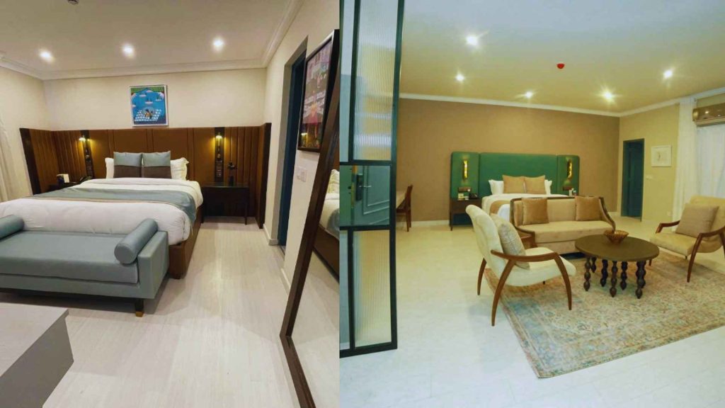 A minimalist designer suite with curated Pakistani art and chic furniture at Ambiance Hotel, representing the top staycation spots in Pakistan.
