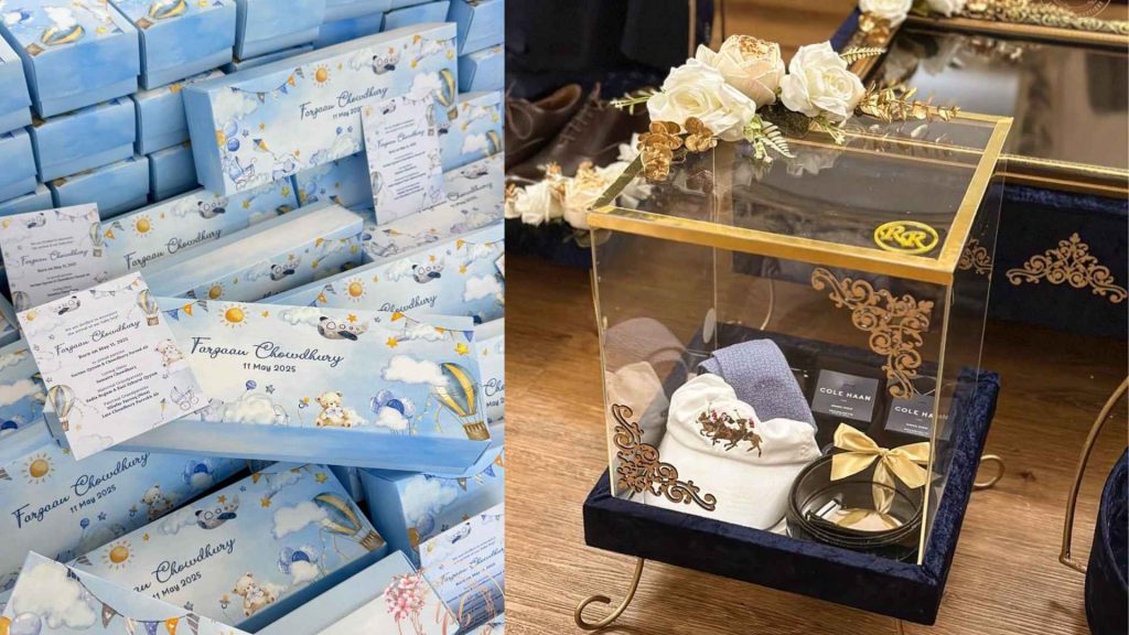 Luxury acrylic gift hamper and elegant blue favor boxes from The Paper Boutique, specializing in the best wedding stationery in Dhaka.