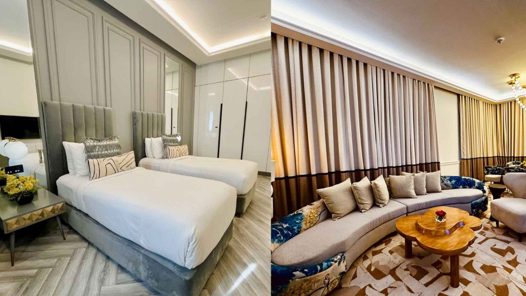 A gold-detailed luxury living area and opulent master bedroom at The Nishat Hotel, highlighting the top staycation spots in Pakistan.

