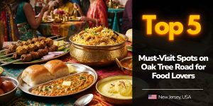 A vibrant spread of South Asian street food on Oak Tree Road, New Jersey.