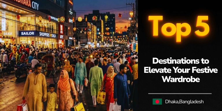 A wide-angle shot of a brightly lit market district during Eid Shopping in Dhaka with festive crowds and colorful decorations