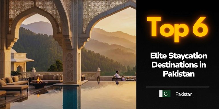 Top Staycation Spots in Pakistan 2026: A luxury resort infinity pool and Moorish arch balcony overlooking misty mountains at sunset.