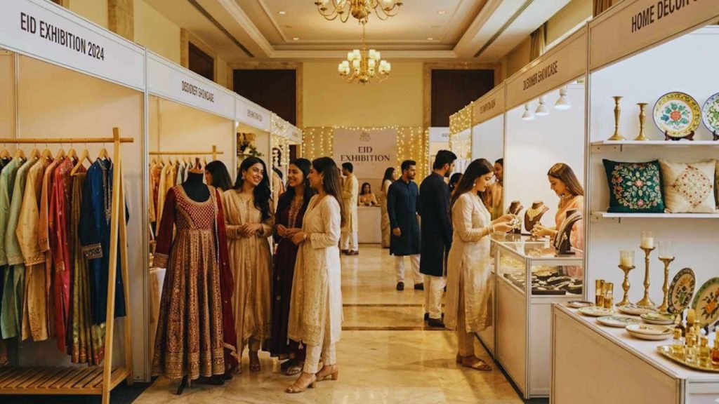 Shoppers browsing designer stalls and home decor at the Rang o Riwaaj Eid Exhibition in a luxury hall setting.