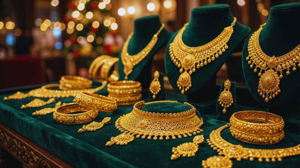 Close-up of traditional gold necklaces and bangles on display at the Rang o Riwaaj Eid Exhibition.
