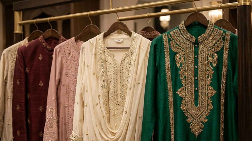 Elegant embroidered designer kurtas and traditional outfits on hangers at the Rang o Riwaaj Eid Exhibition.
