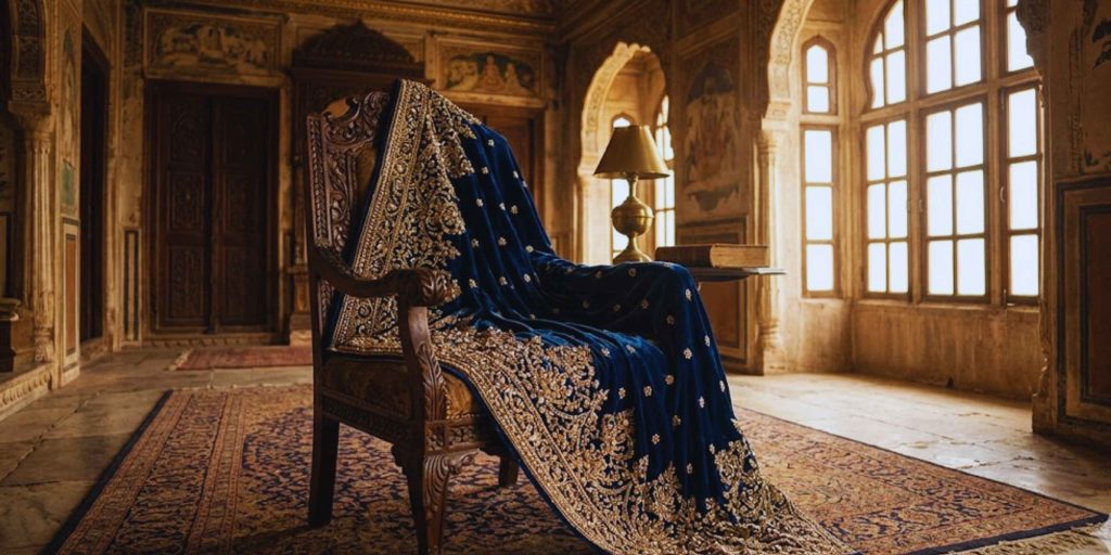 An ornate navy blue velvet shawl with heavy gold embroidery draped over a vintage wooden chair in a palatial room, representing Zardozi in luxury couture.