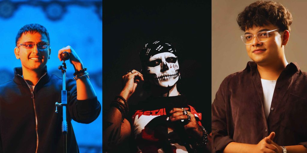 A professional collage featuring South Asian music artists Hasan Raheem, Talwiinder in skull face paint, and Shibu for their collaboration on 10 E 10.