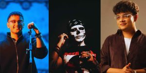 A professional collage featuring South Asian music artists Hasan Raheem, Talwiinder in skull face paint, and Shibu for their collaboration on 10 E 10.