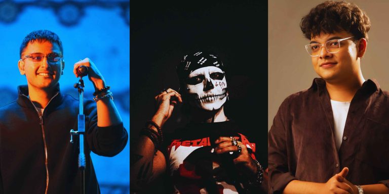 A professional collage featuring South Asian music artists Hasan Raheem, Talwiinder in skull face paint, and Shibu for their collaboration on 10 E 10.