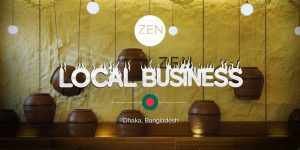 Brand feature banner for Zen Local Business, Dhaka, Bangladesh, showing unique textured yellow walls with hanging clay pots and white globe lights. Recognised as the Best Café in Dhanmondi.