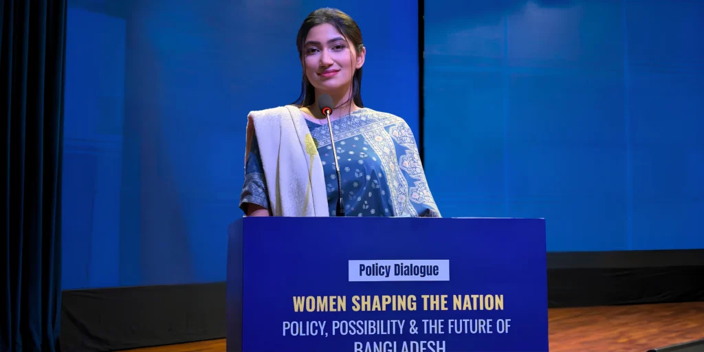 Tanisha Israt Siddiqui, the entrepreneur behind four growing Bangladeshi brands, speaking at a policy dialogue event