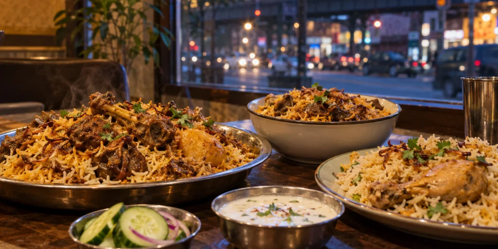 Storefronts of Bangladeshi restaurants along Hillside Avenue in Jamaica, Queens, NYC, known as Little Bangladesh