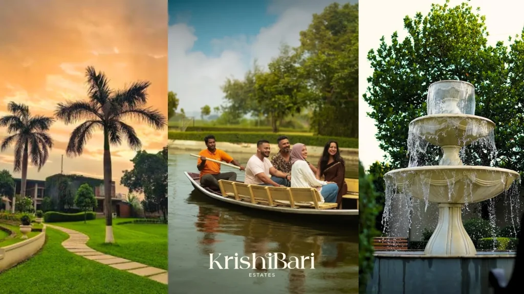 Tanisha Israt Siddiqui's Krishibari Estates: palm-lined grounds, a family boat ride, and the estate's garden fountain