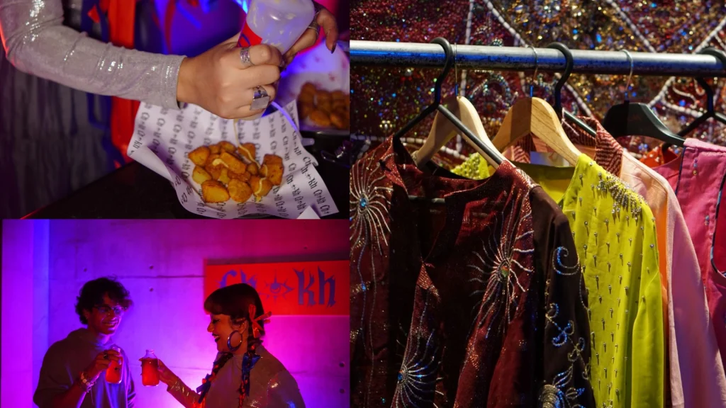Chokh's fried potato bites, a rack of sequined slow-fashion pieces, and attendees toasting drinks at a Hoot Haat NYC Bengali market